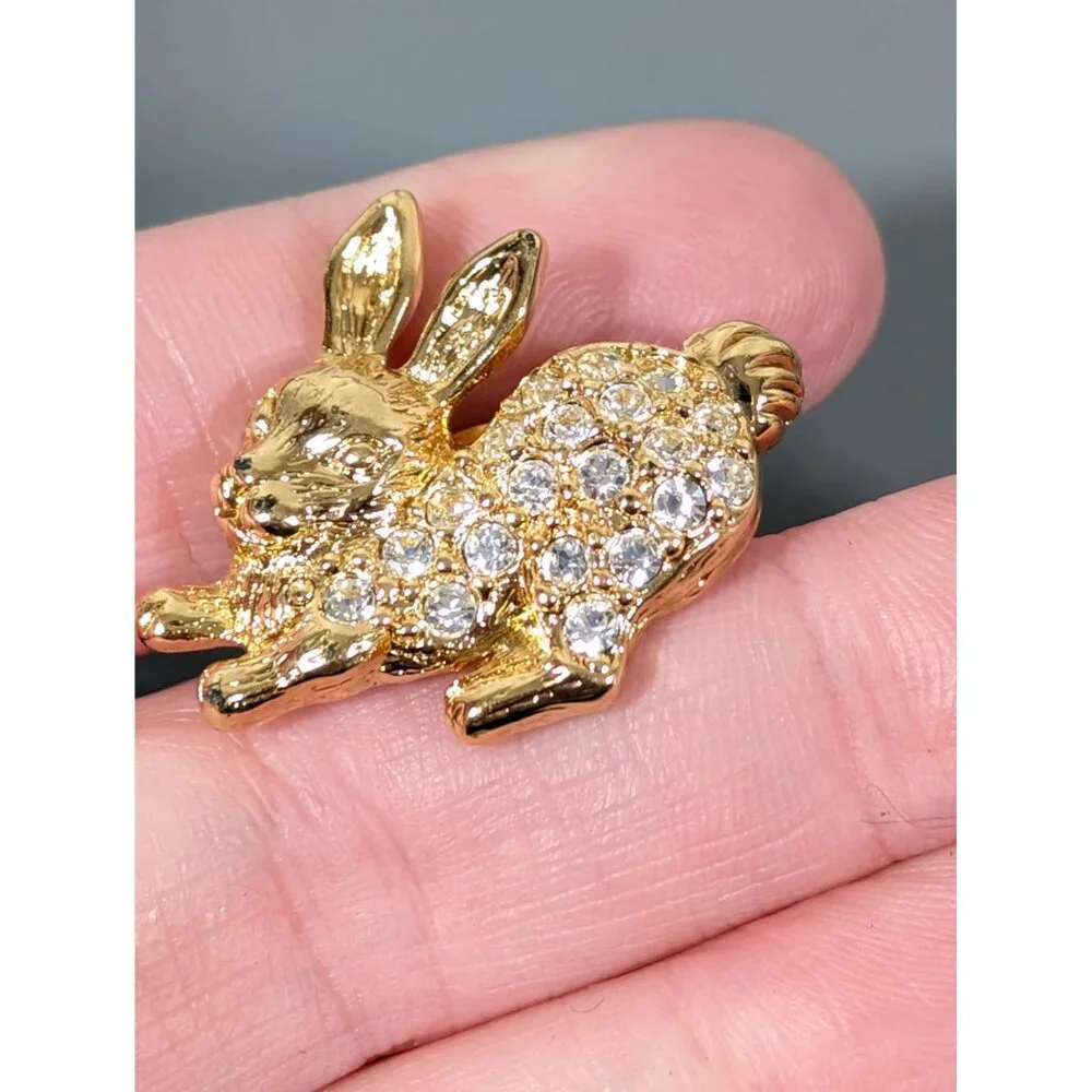 Vintage Avon Gold Tone‎ Bunny Rabbit Rhinestone Pave Tack Pin Brooch
